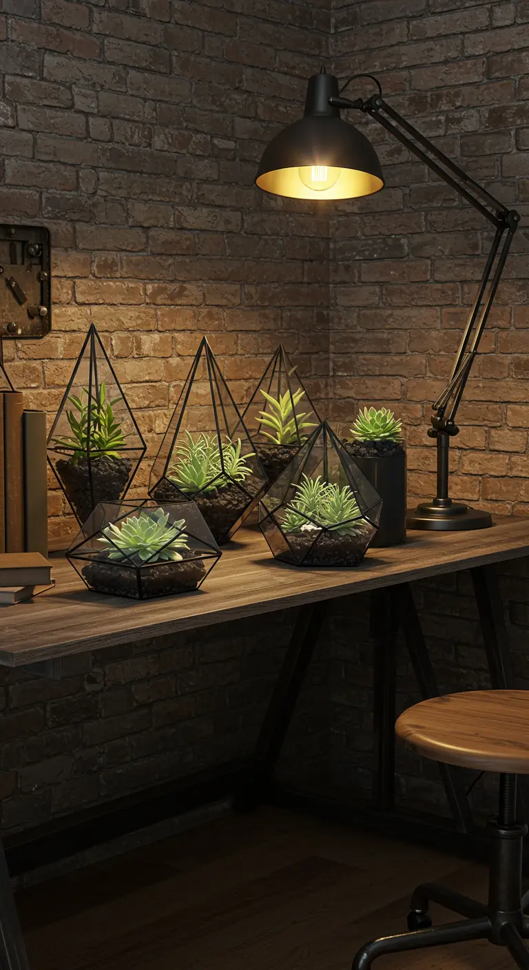 Terrariums géométriques sombres avec succulentes sur un bureau en bois devant un mur de briques.