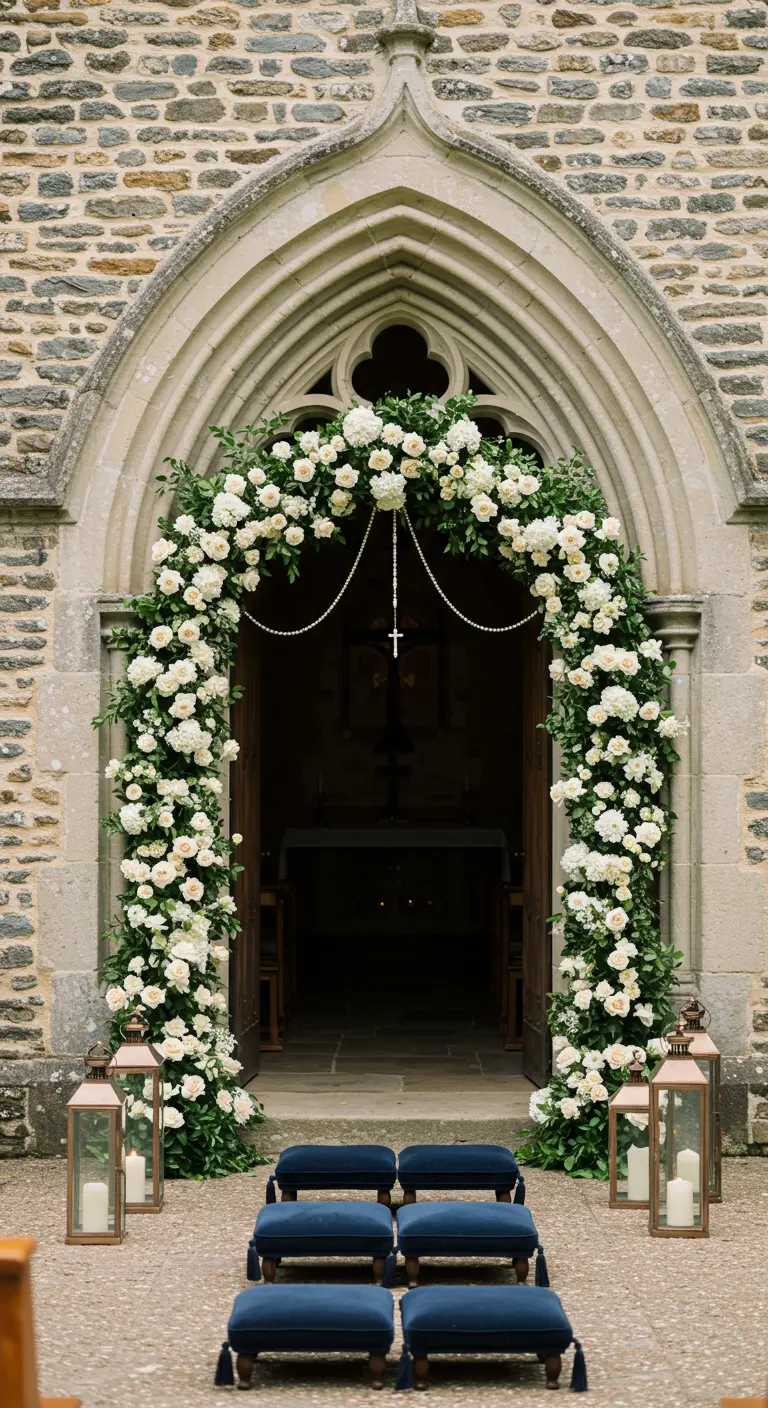 Arche de roses blanches et feuillage autour d'une entrée d'église, avec un rosaire de perles et lanternes.