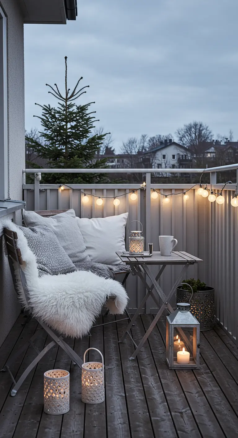 Balcon scandinave minimaliste avec sapin, guirlande lumineuse, chaise en bois et plaid blanc. 