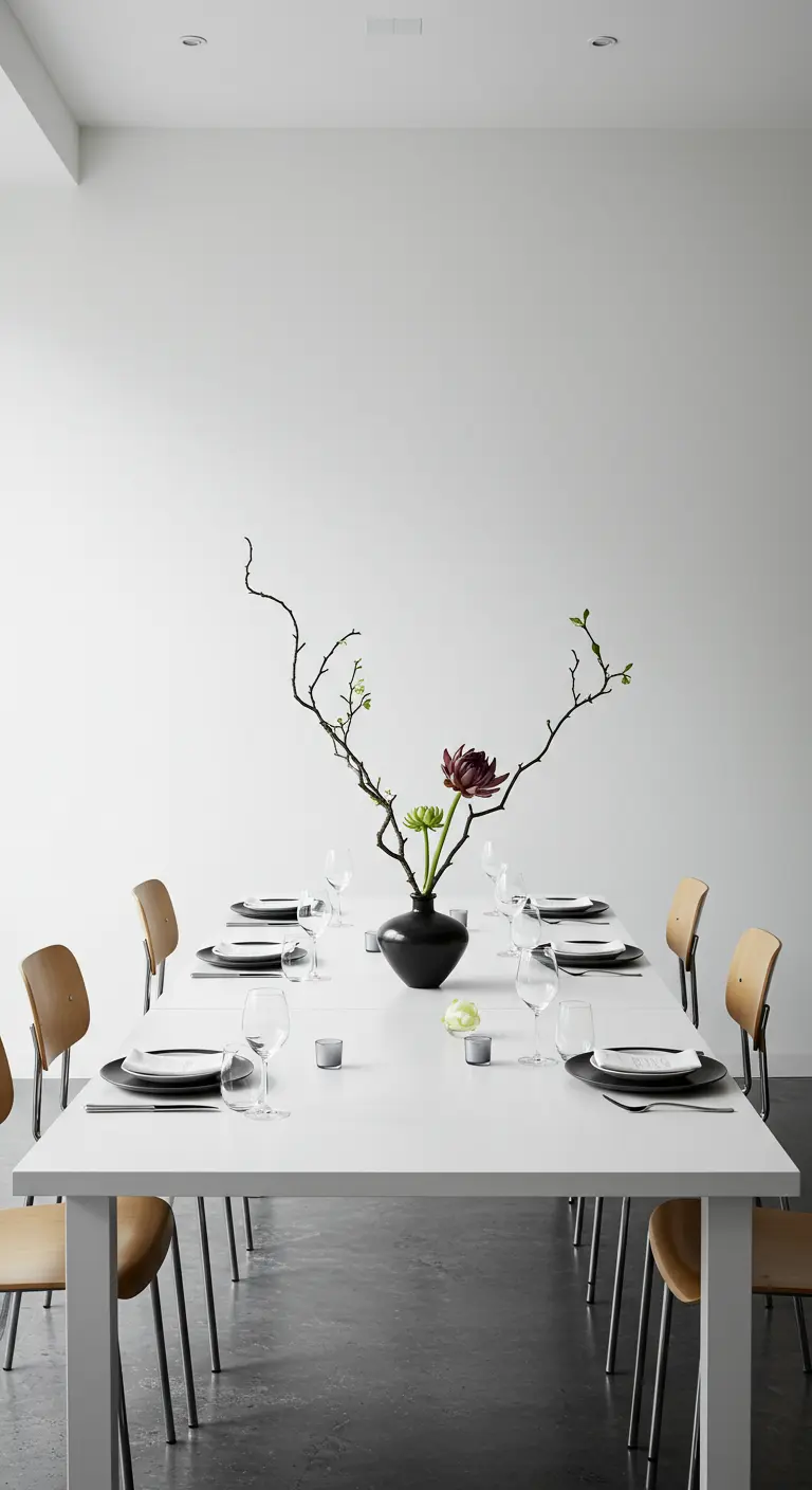 Table blanche minimaliste avec une grande branche sculpturale dans un vase noir.