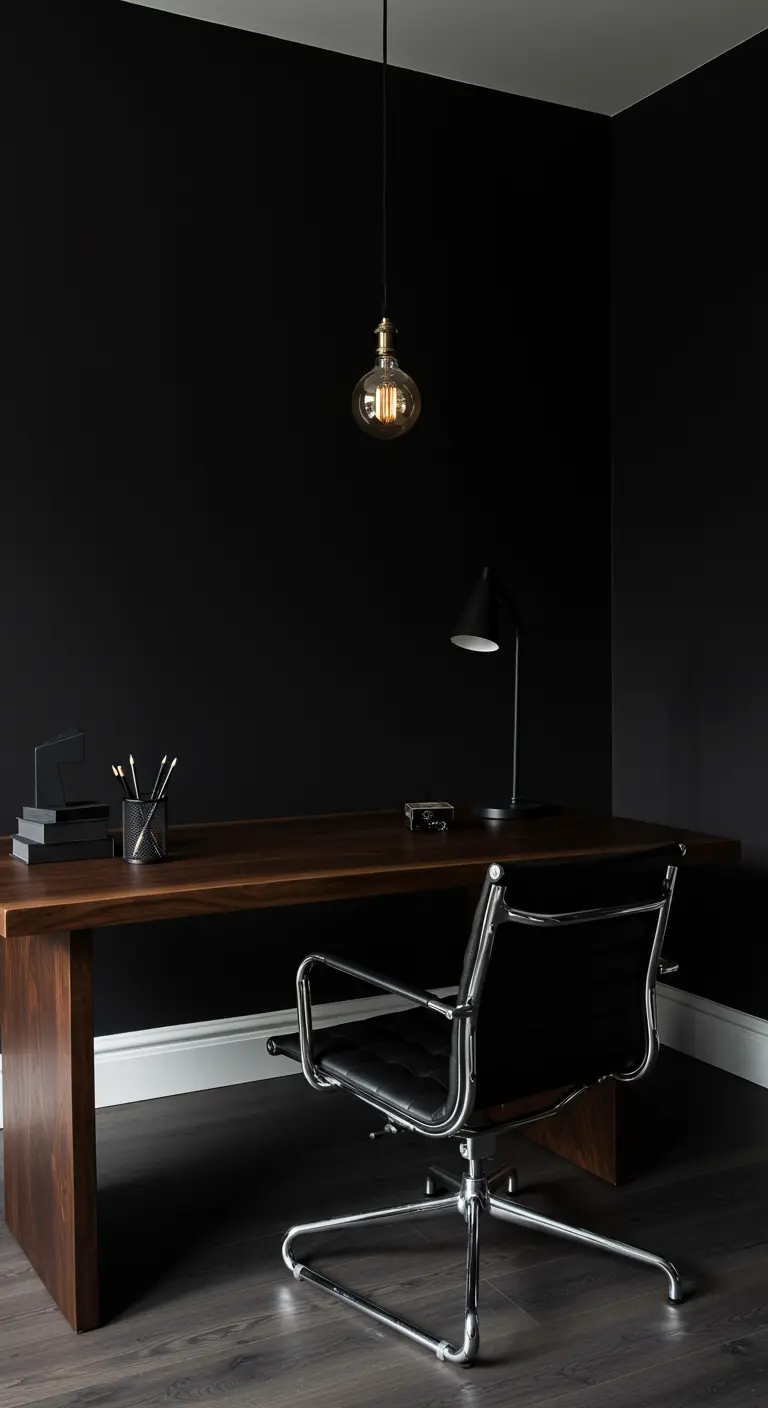 Bureau en noyer massif dans une pièce aux murs noirs, avec une chaise de bureau en cuir noir.