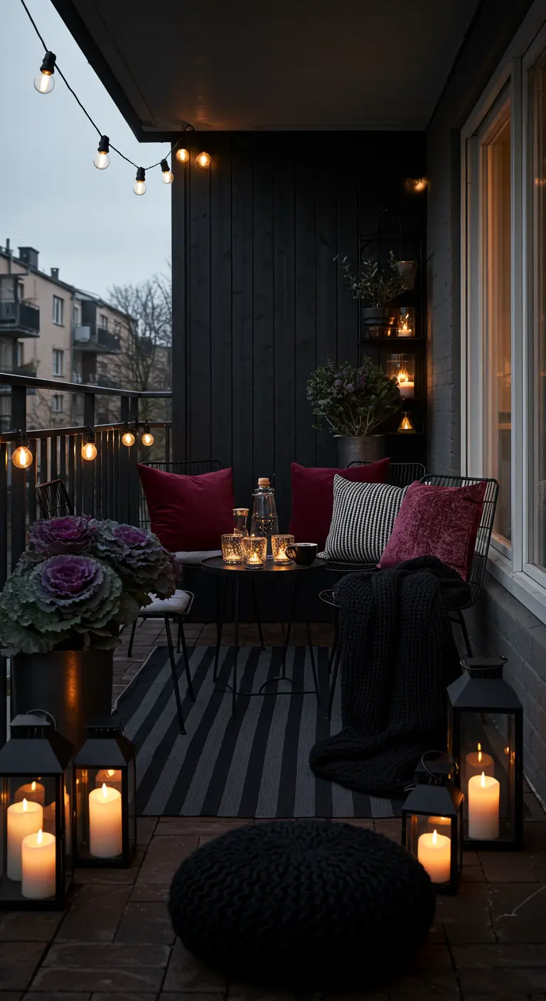 Balcon sombre avec meubles noirs, coussins bordeaux, tapis rayé, lanternes et chou décoratif.