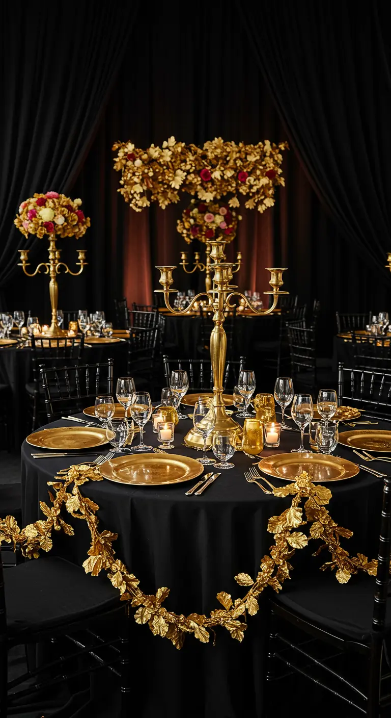 Table de fête noire et dorée avec des candélabres et une vaisselle luxueuse.