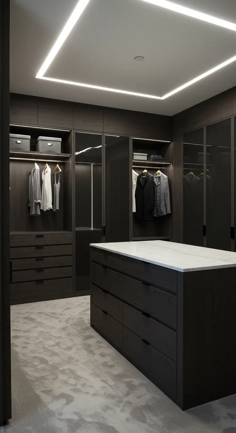 Dressing sombre moderne avec îlot central en marbre et éclairage linéaire au plafond.