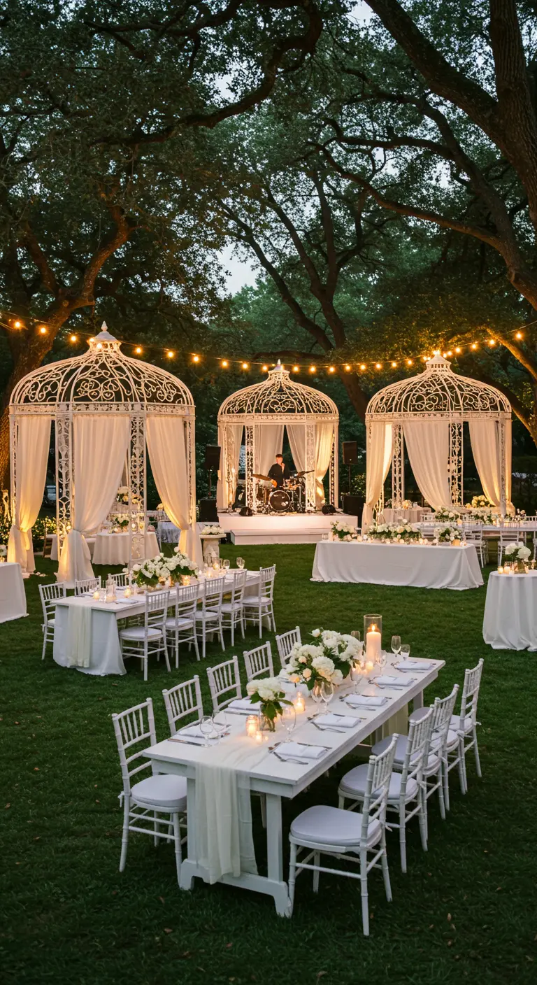Trois tentes blanches décoratives sous de grands arbres, avec tables et lumières de fête.
