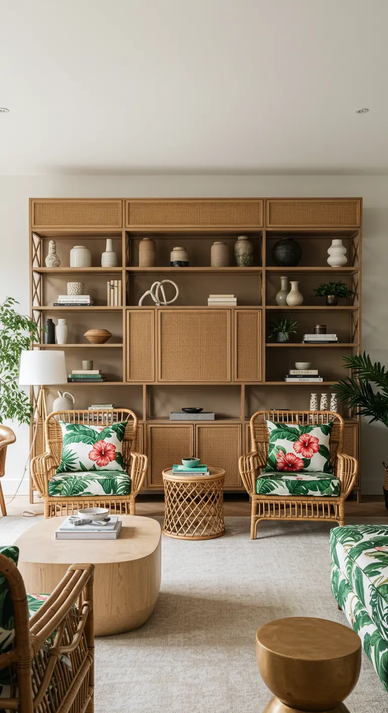 Grande bibliothèque en cannage avec deux fauteuils en rotin aux coussins à motifs hibiscus.