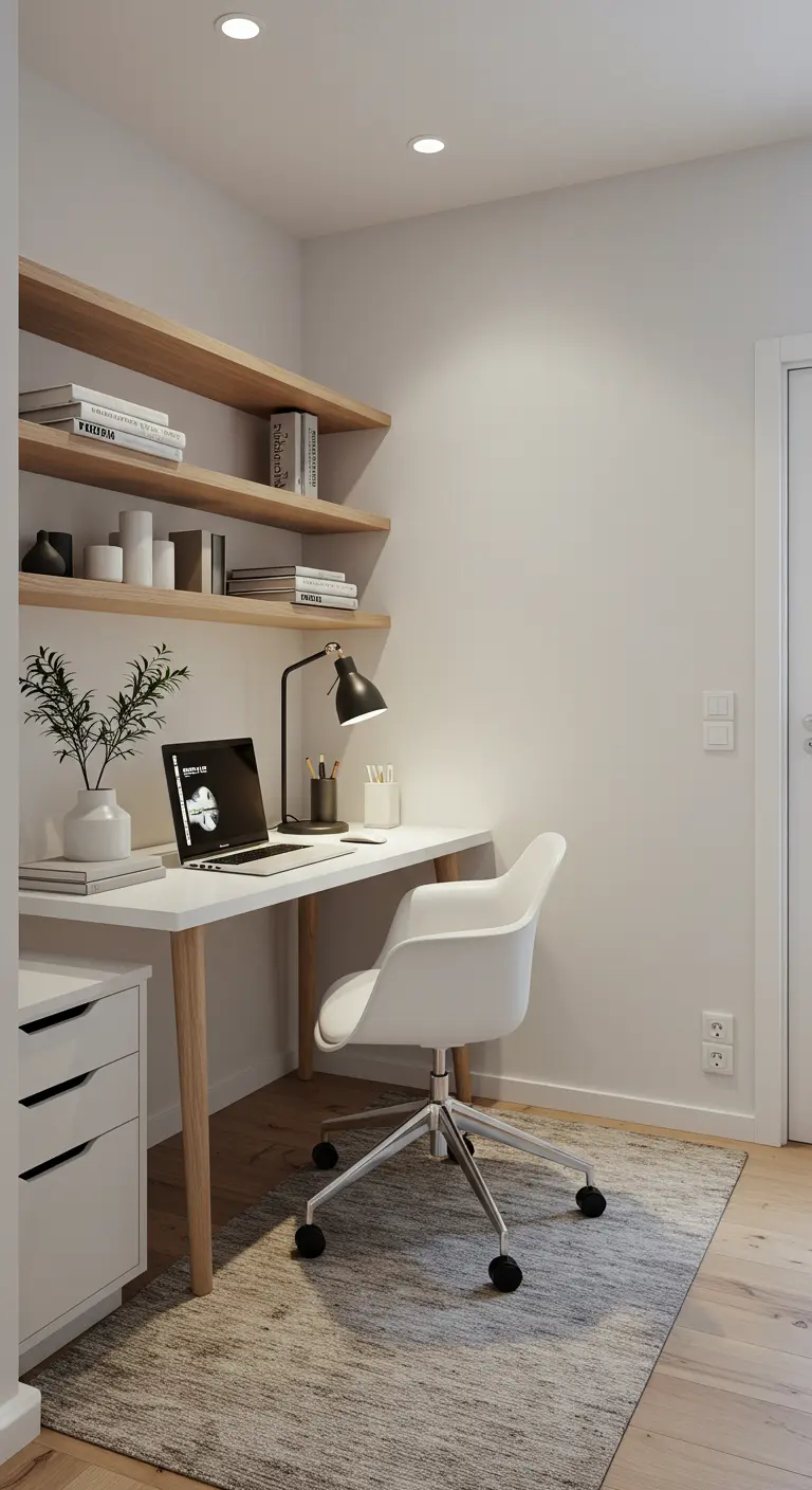 Un petit bureau minimaliste avec des étagères flottantes en bois clair et une chaise de bureau ergonomique.