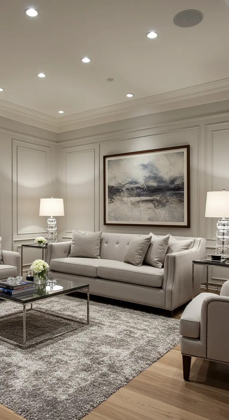 Salon classique et élégant avec canapé gris et lampes en cristal symétriques.