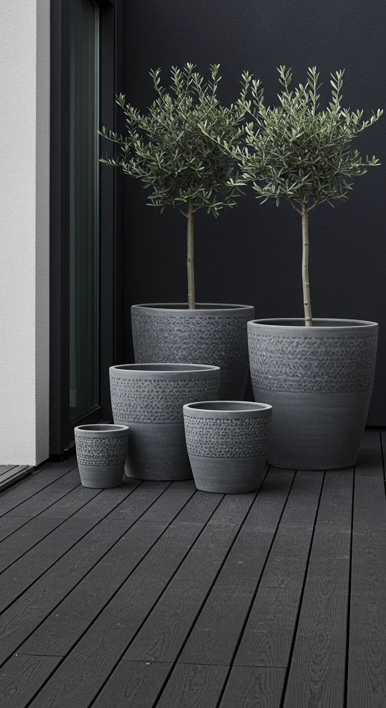 Pots gris foncé avec une bande texturée, contenant de petits oliviers.
