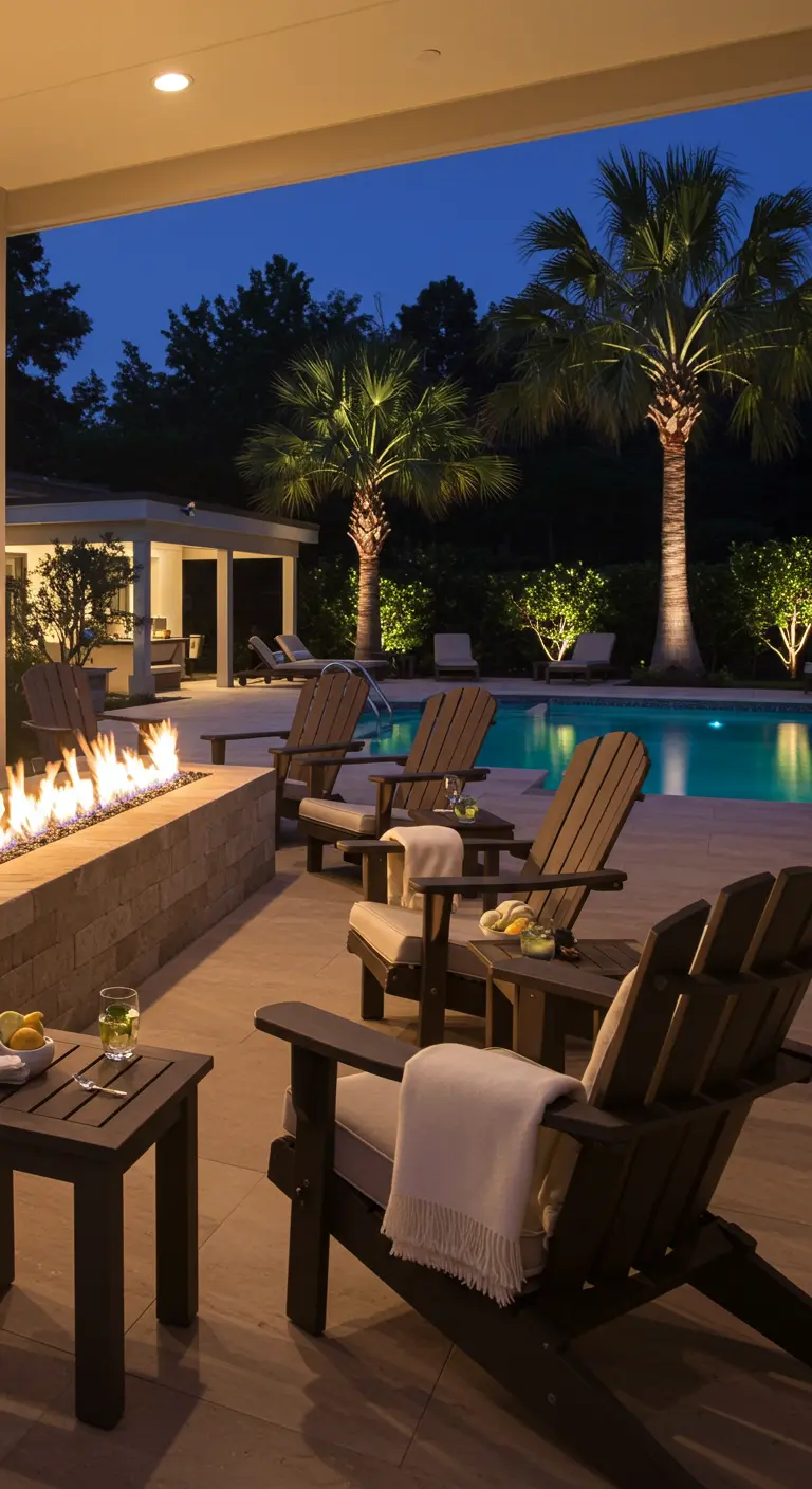 Espace piscine luxueux avec foyer linéaire, fauteuils Adirondack sombres et palmiers illuminés