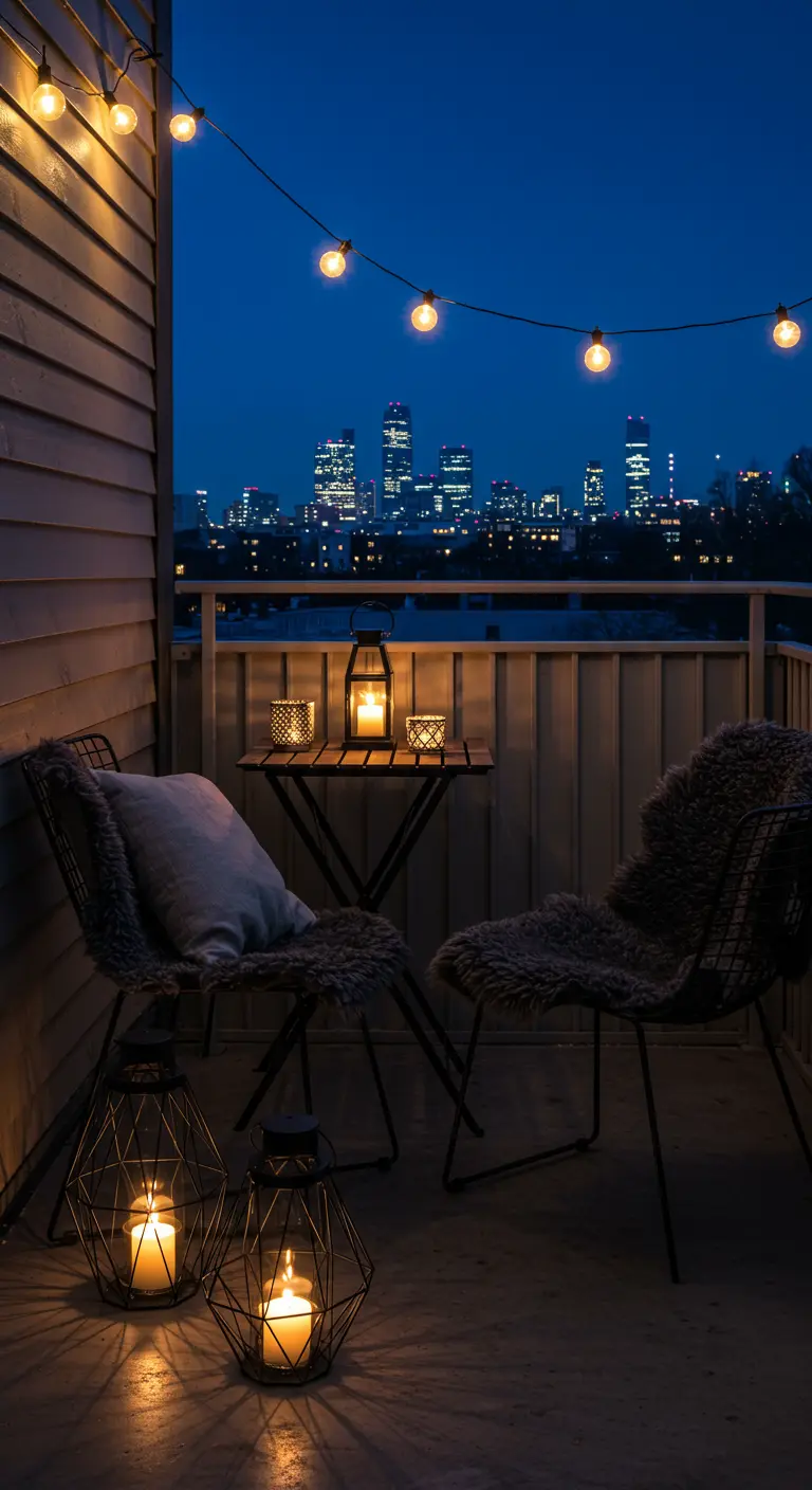 Balcon avec vue sur la ville, deux chaises noires, une guirlande lumineuse et des lanternes.