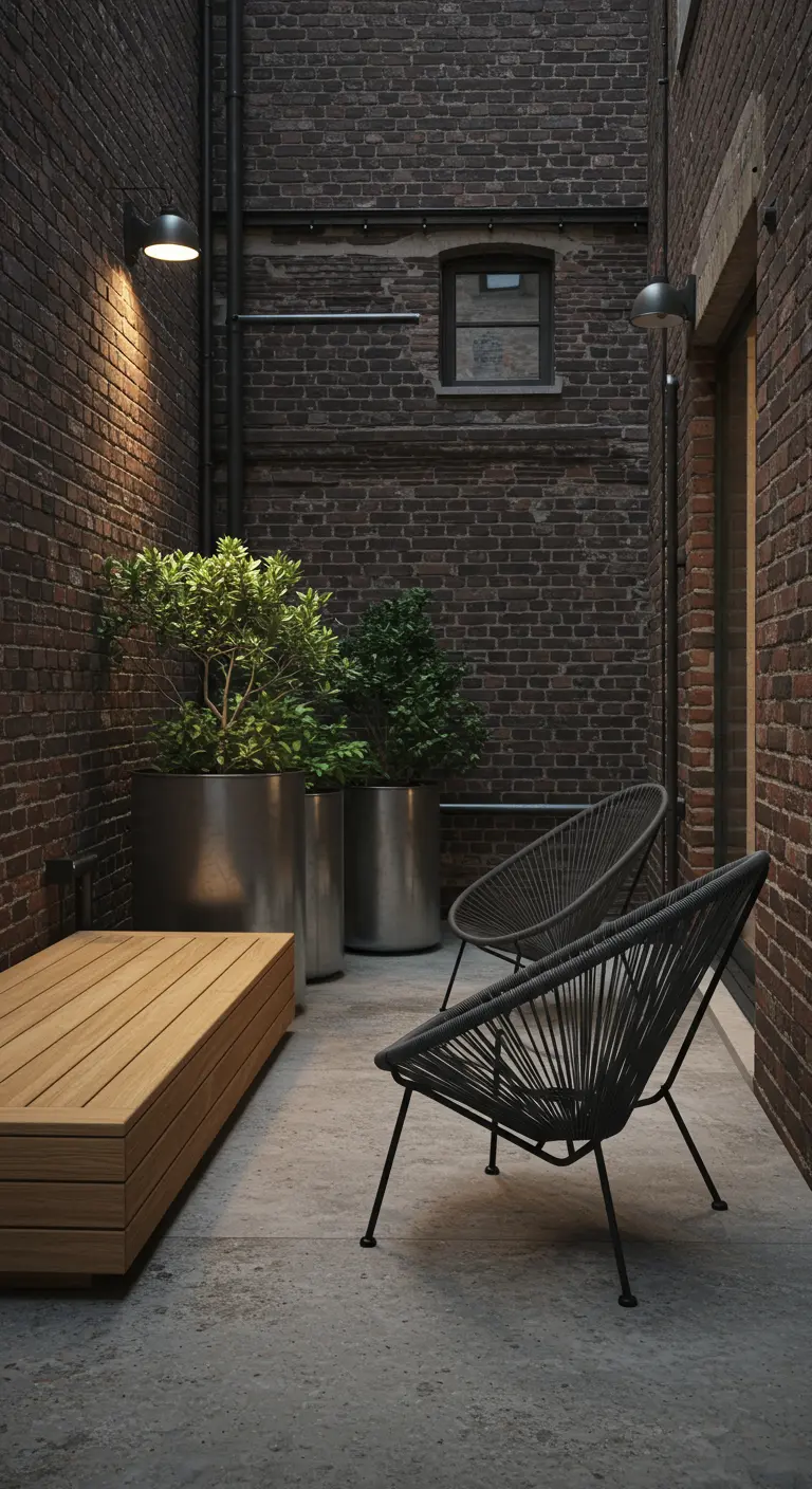 Deux chaises Acapulco noires et un banc en bois clair sur une allée étroite en béton, avec des jardinières métalliques et un mur de briques.