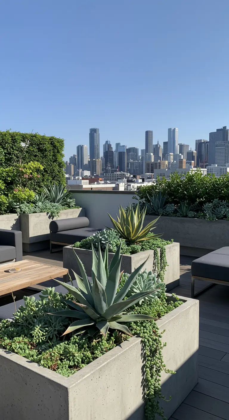 Rooftop avec jardinières rectangulaires en béton remplies de plantes grasses et d'un agave géant, skyline en arrière-plan.