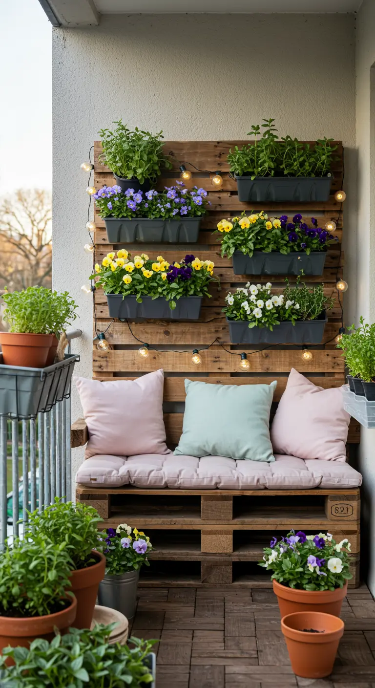 Banc en palettes et jardin vertical illuminé sur un balcon, avec herbes et fleurs colorées.