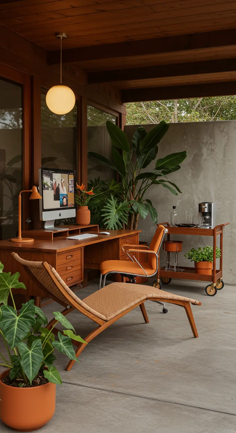 Bureau vintage sous véranda avec mobilier en bois foncé, méridienne en rotin et plantes tropicales.