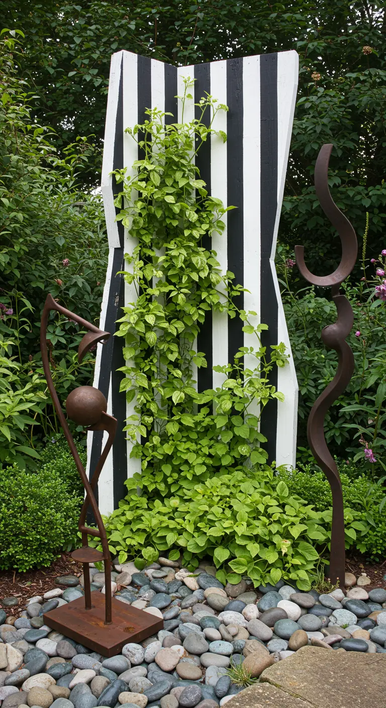 Treillis artistique rayé noir et blanc avec une plante grimpante verte, entouré de galets et de sculptures en métal.