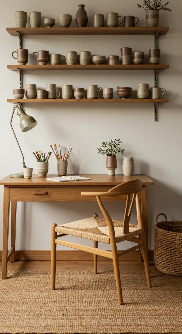 Bureau en bois avec étagères remplies d'une collection de poteries artisanales.