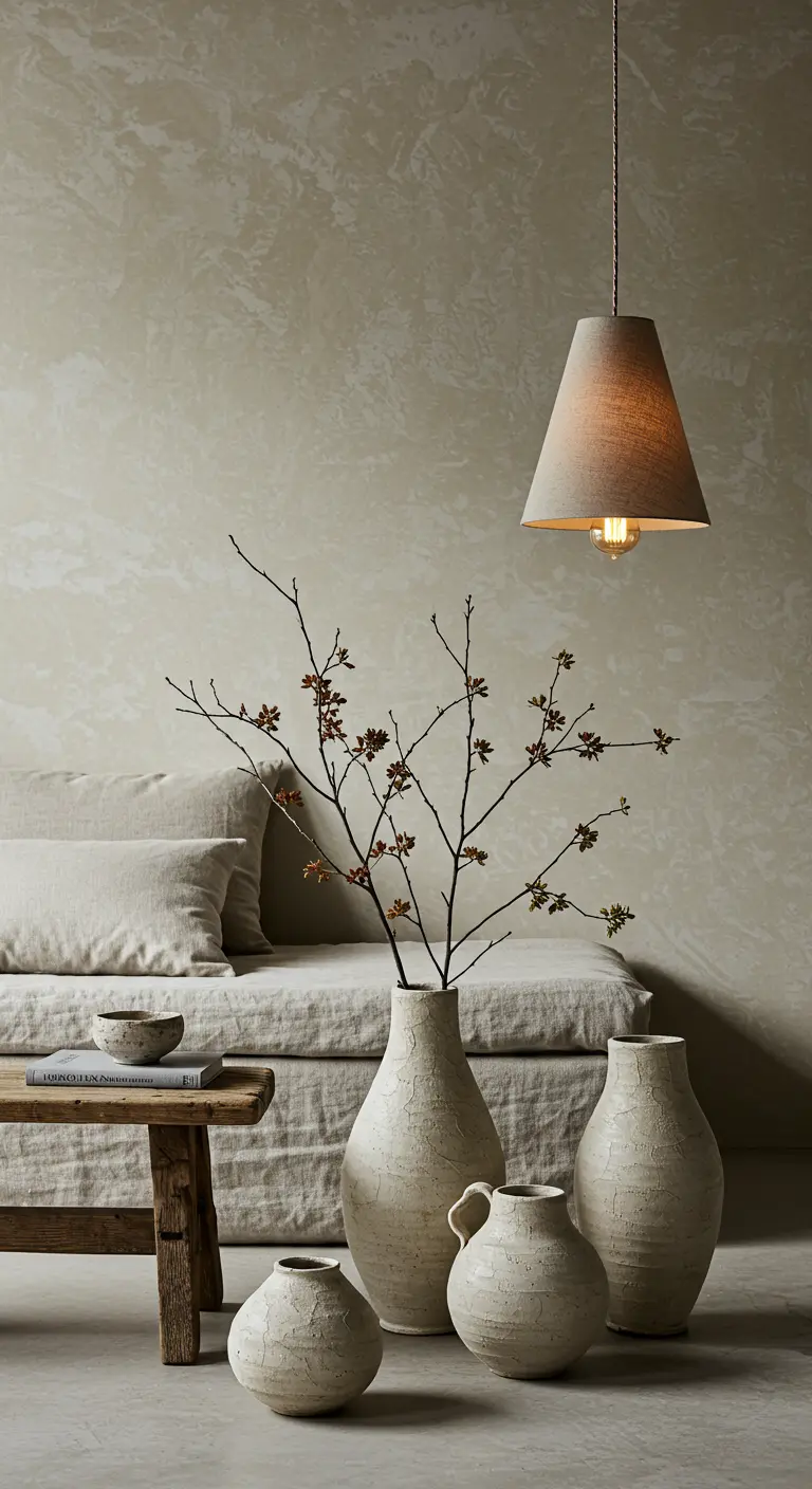 Scène wabi-sabi avec des vases en céramique texturée et des textiles en lin.