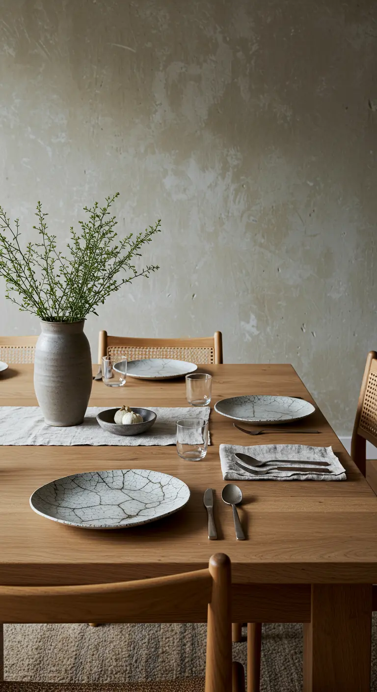 Table en bois avec des assiettes en céramique à effet craquelé et un vase de verdure.