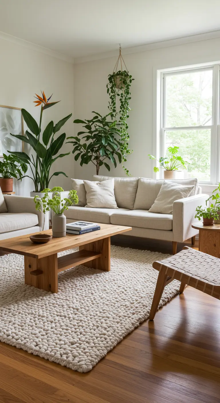 Salon avec un grand tapis en laine tressée, canapé beige et plantes.