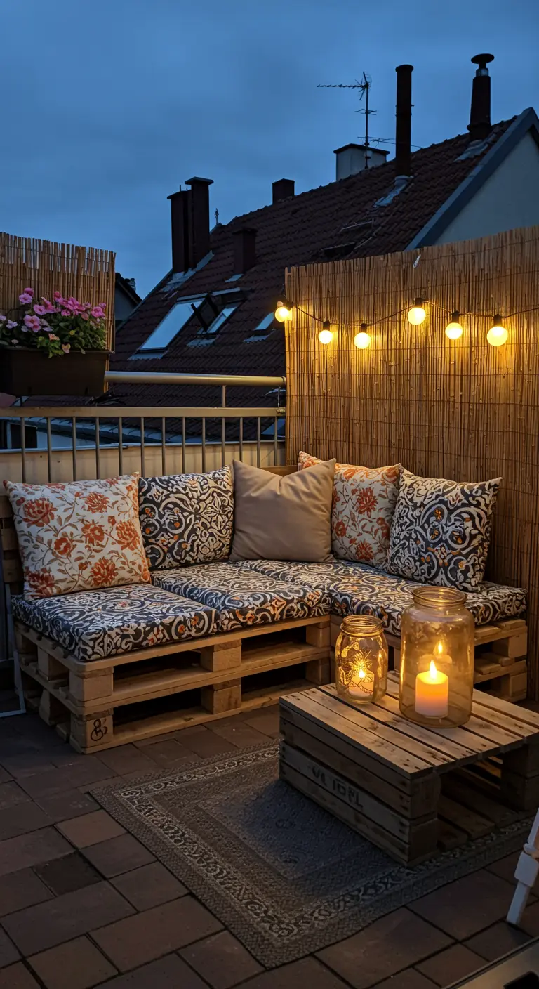 Canapé d'angle en palettes avec coussins fleuris et guirlandes lumineuses.