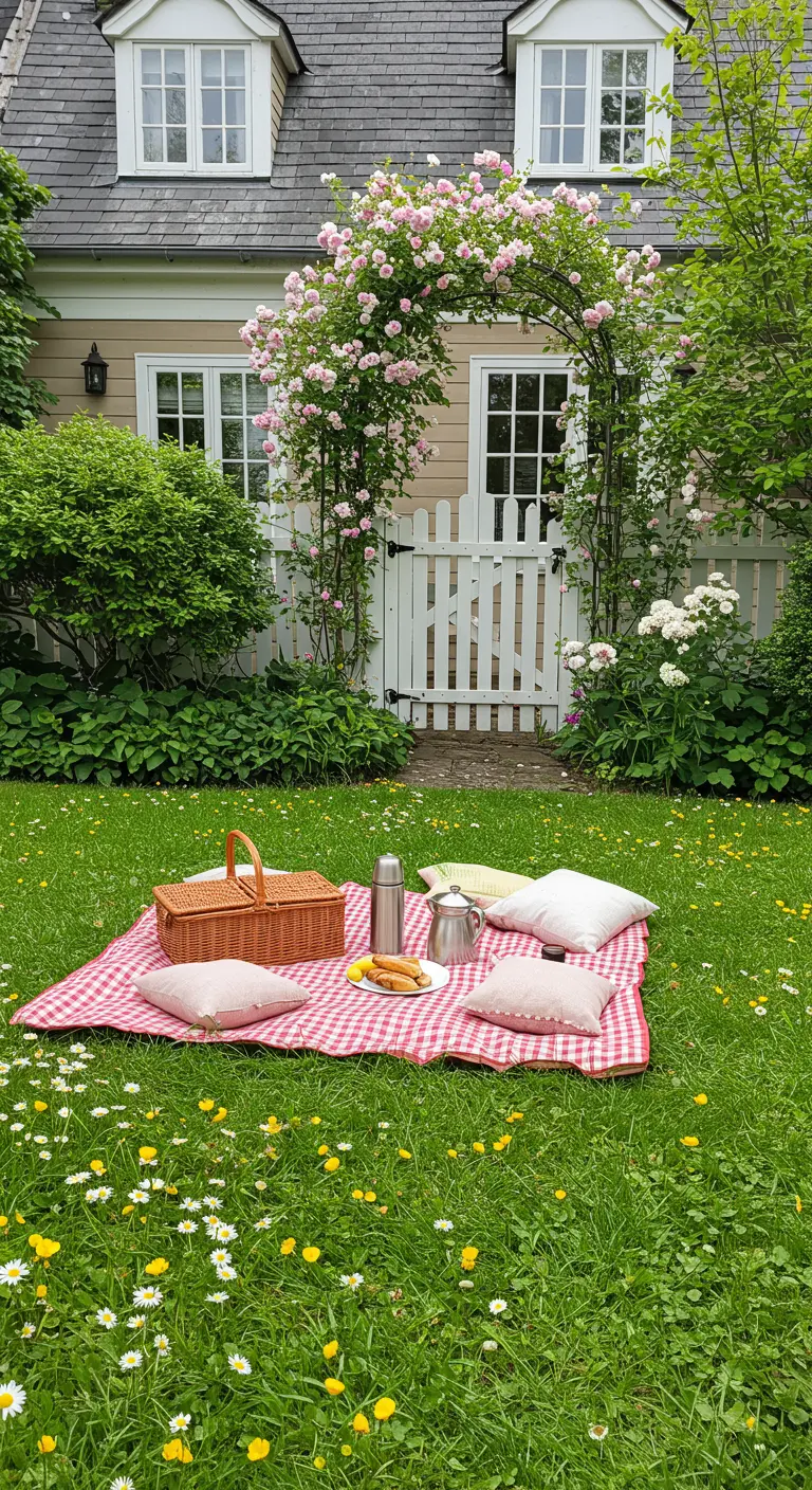 Pique-nique sur une couverture à carreaux dans un jardin fleuri.