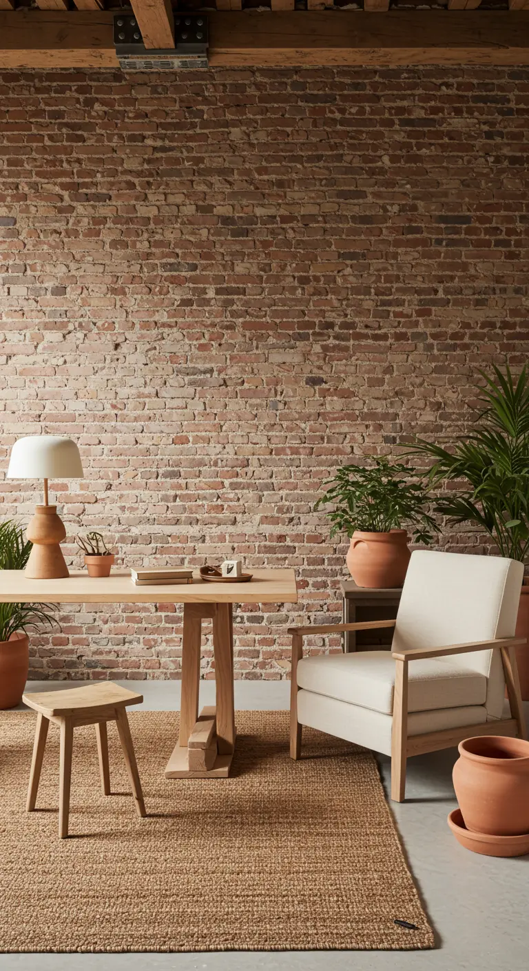 Bureau en bois clair devant un mur de briques avec tapis en jute et pots en terre cuite.