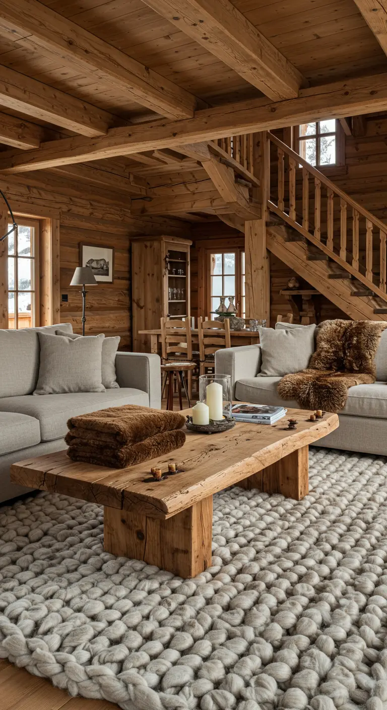 Salon avec tapis en laine bouclée, canapés beiges et table basse en bois brut.