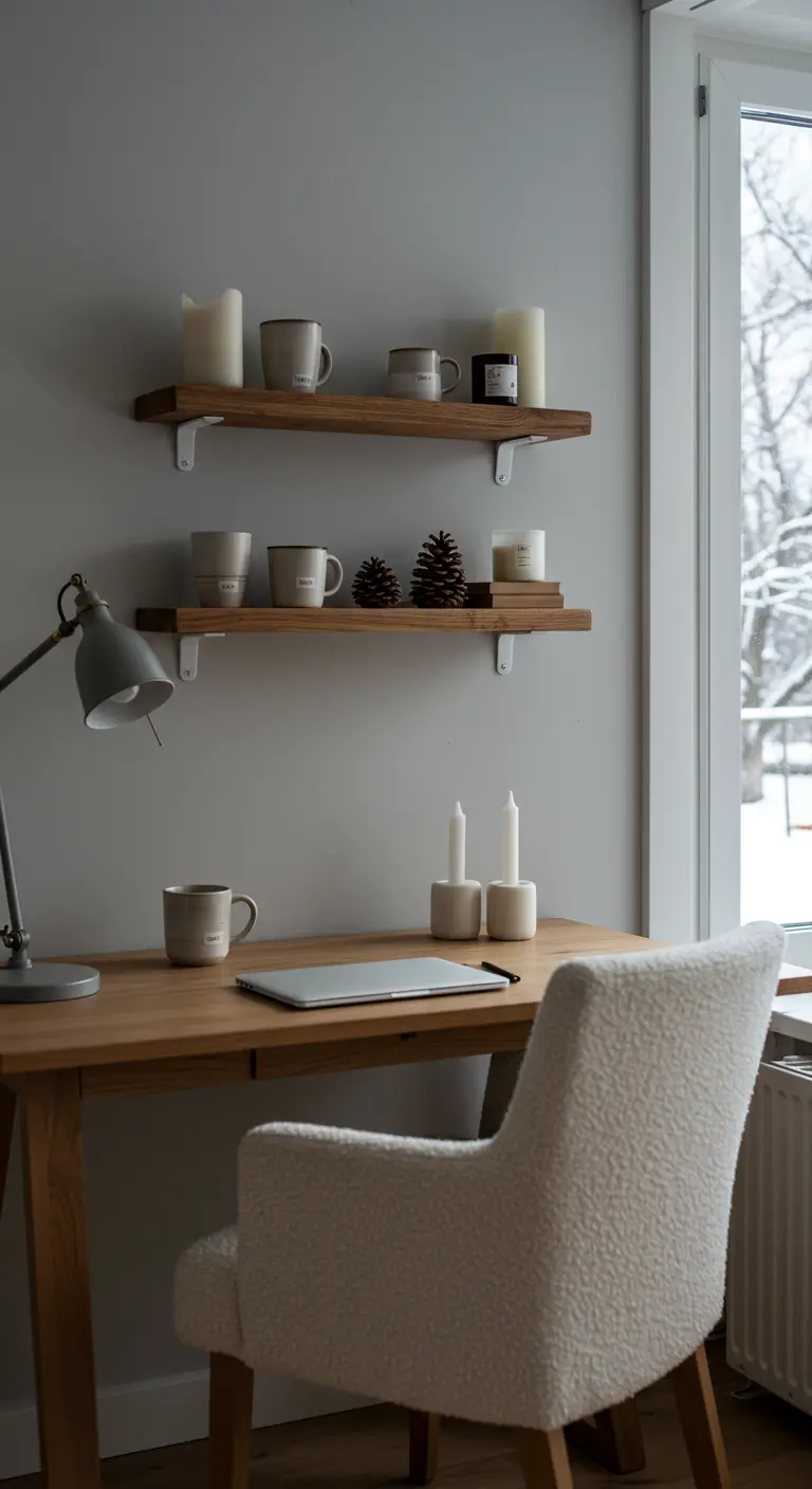 Coin bureau avec une chaise confortable en tissu bouclette et des étagères avec des bougies.