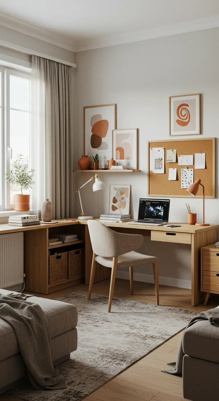 Bureau en bois clair avec tableau en liège, plantes et cadres artistiques