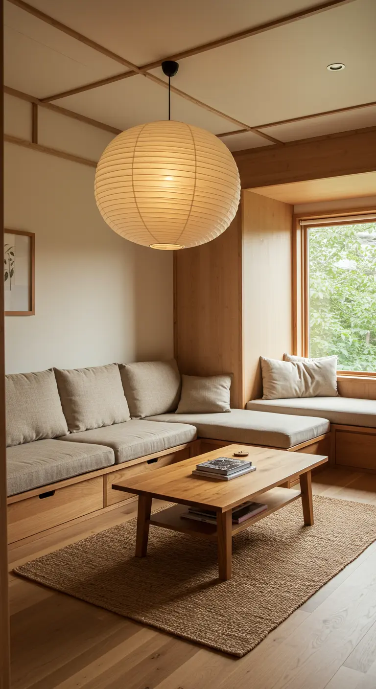 Salon Japandi avec banquette en bois intégrée, lanterne en papier et table basse.
