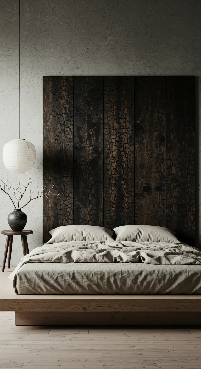 Tête de lit en bois brûlé de style japonais wabi-sabi.