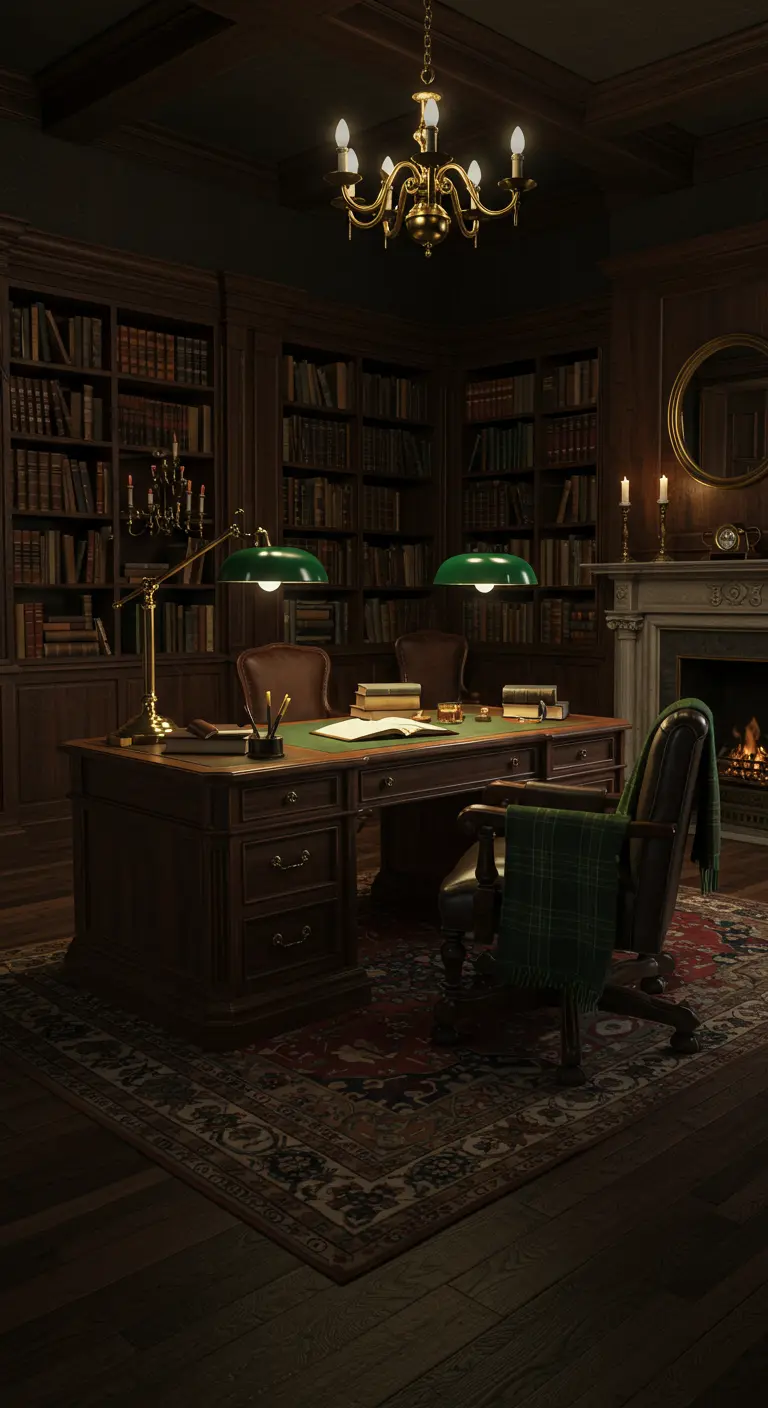 Bureau majestueux dans une bibliothèque sombre avec lampes vertes, cheminée et fauteuil en cuir.