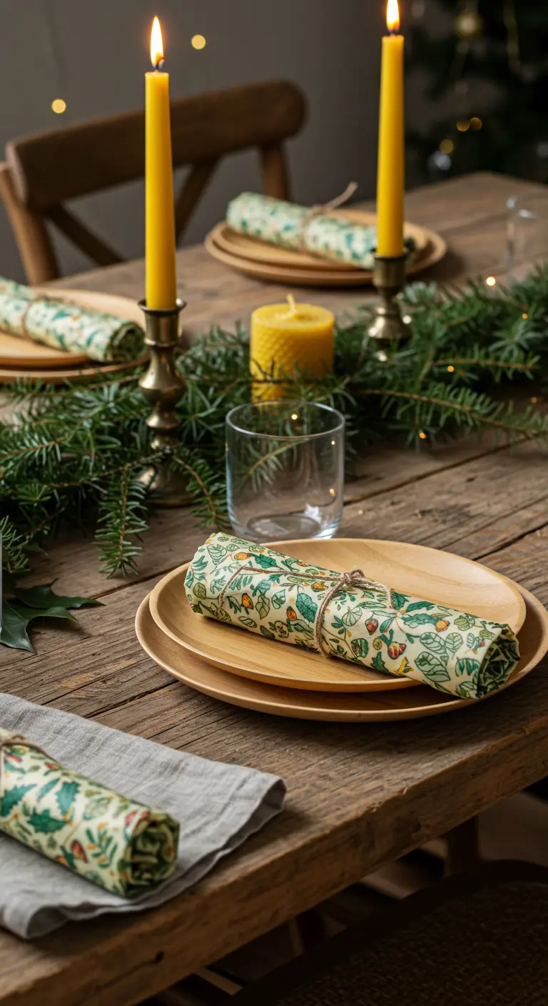 Table rustique avec des cadeaux enveloppés dans du tissu à la cire d'abeille.