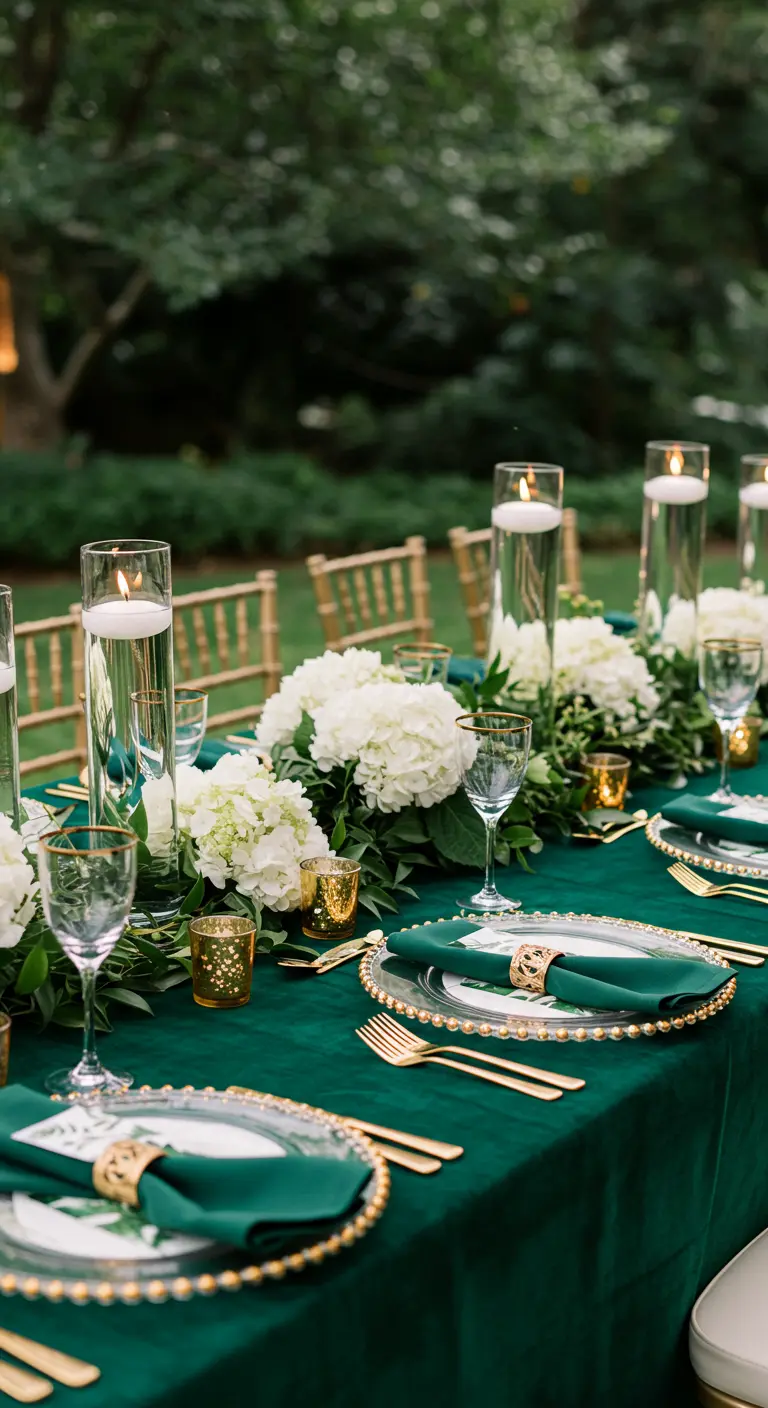Table de fête avec nappe en velours vert émeraude, hortensias blancs et vaisselle dorée.