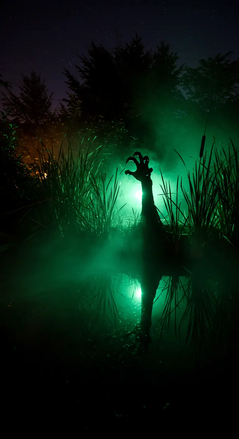 Main de monstre sortant d'un étang éclairé en vert avec de la fumée.