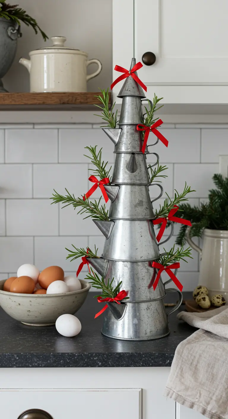 Petit sapin de Noël créé en empilant des pichets en zinc et décoré de romarin.