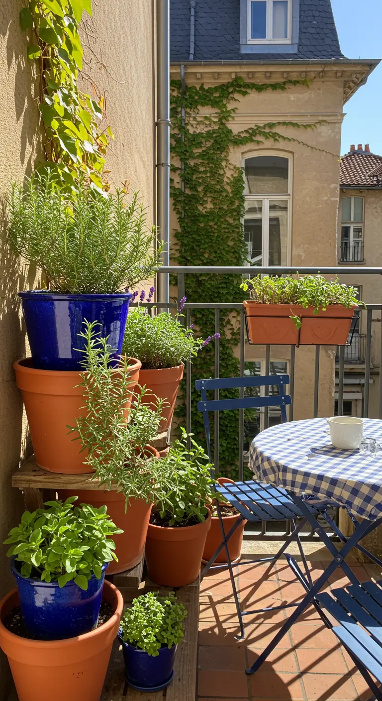 Balcon ensoleillé avec des pots colorés empilés contenant diverses herbes aromatiques et une table bistrot.