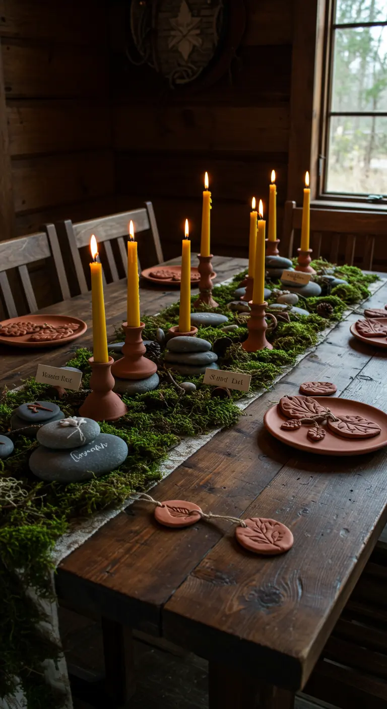 Table rustique avec chemin de table en mousse, bougeoirs en argile et galets comme marque-places.