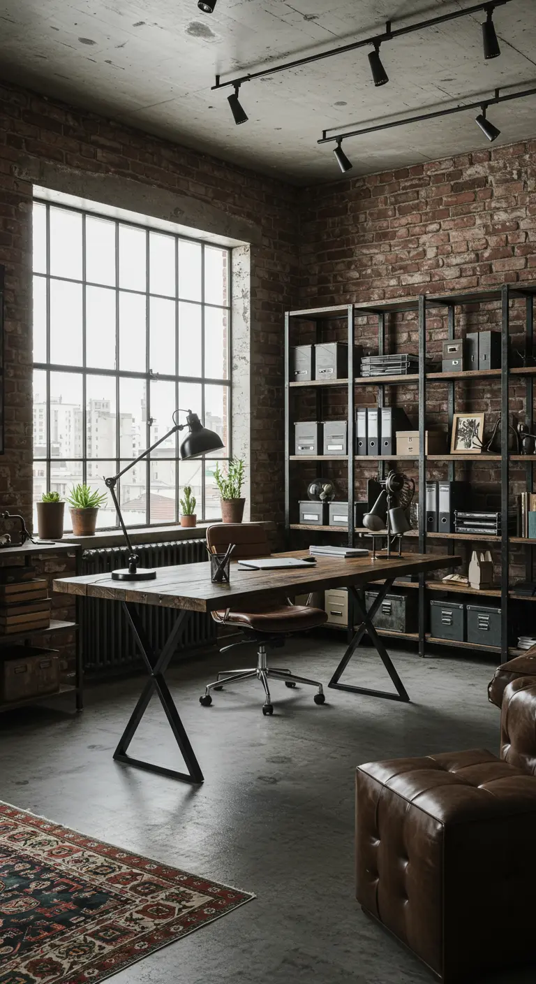 Bureau industriel avec mur en briques, étagères métalliques et grande fenêtre.
