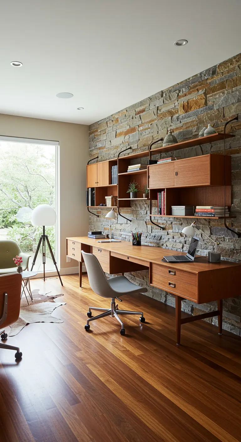 Bureau de style Mid-Century avec un grand mur en pierre et du mobilier en teck.