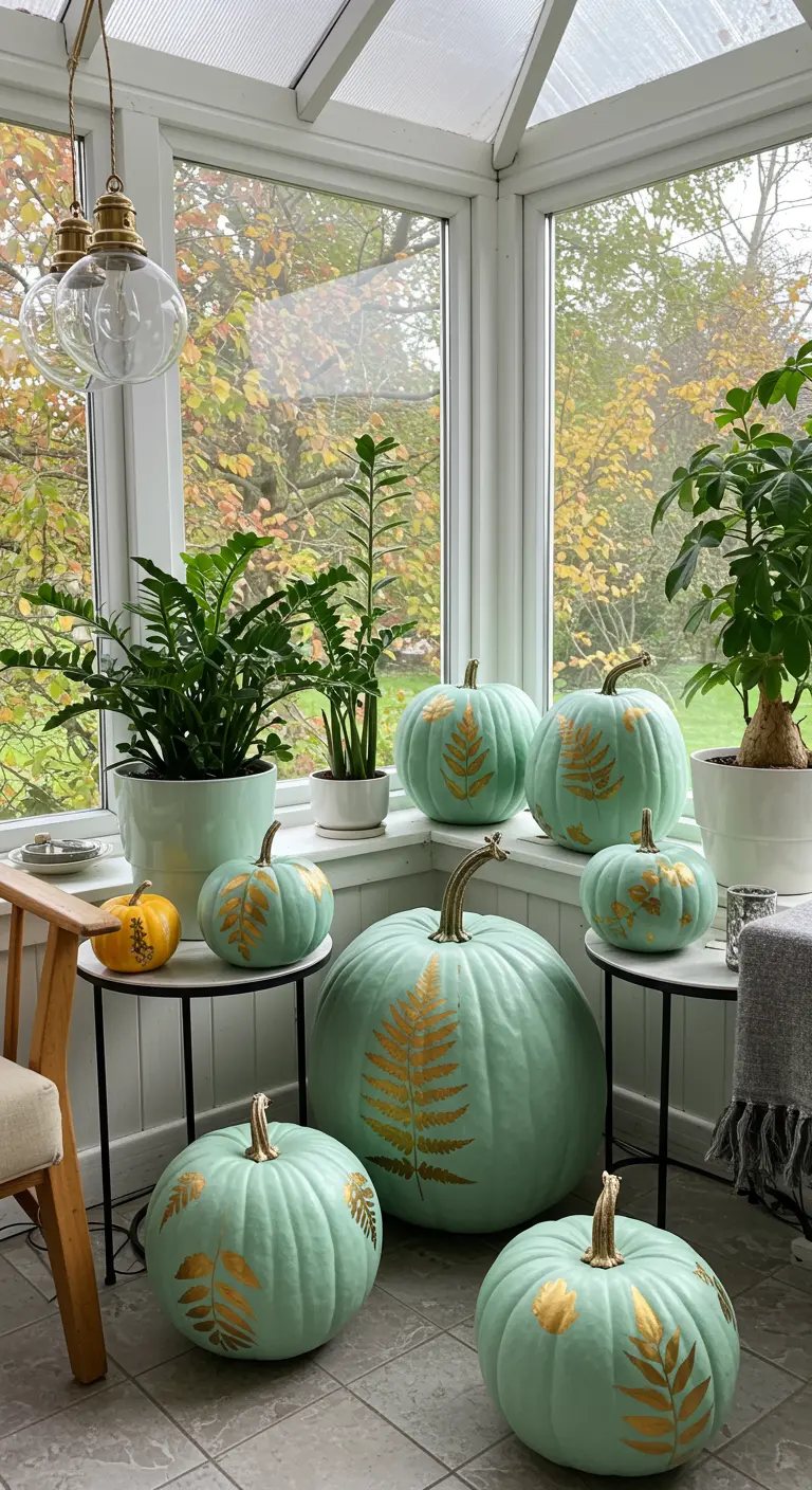 Véranda lumineuse avec un groupe de citrouilles vert menthe décorées d'empreintes de fougères dorées.