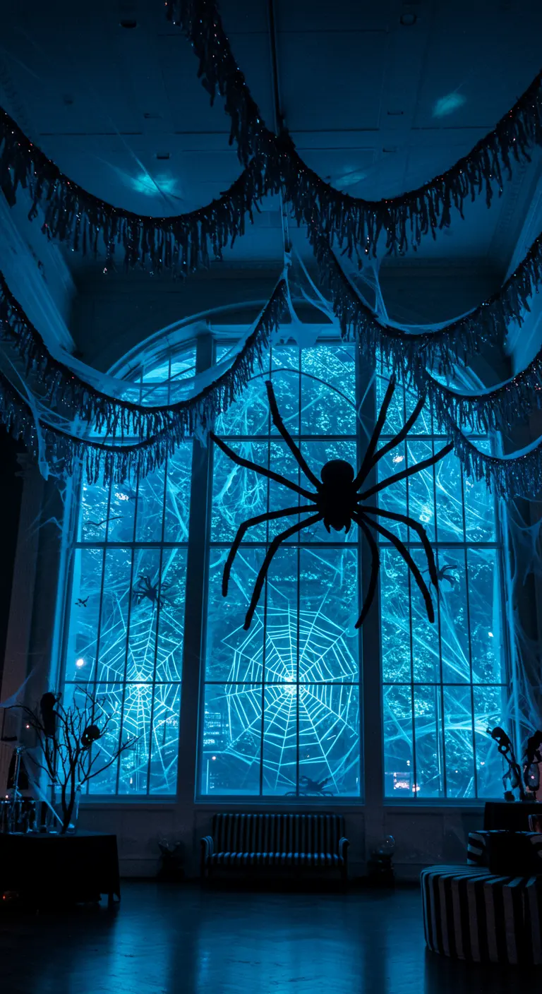 Grande fenêtre avec araignée géante suspendue, toile d'araignée et lumière bleue.