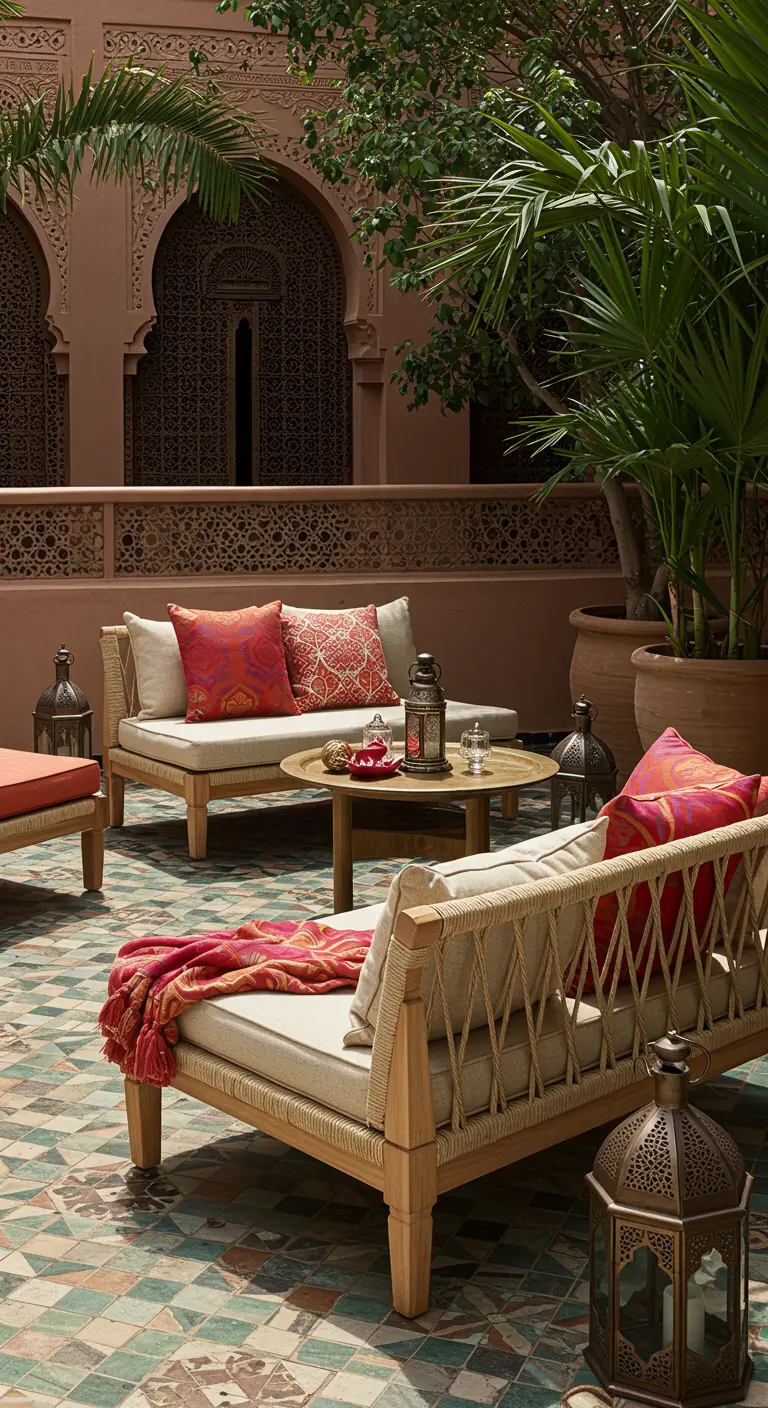 Salon de jardin en bois clair et corde tressée avec coussins aux motifs orientaux, lanternes marocaines et palmiers, sur une terrasse aux murs ocre.