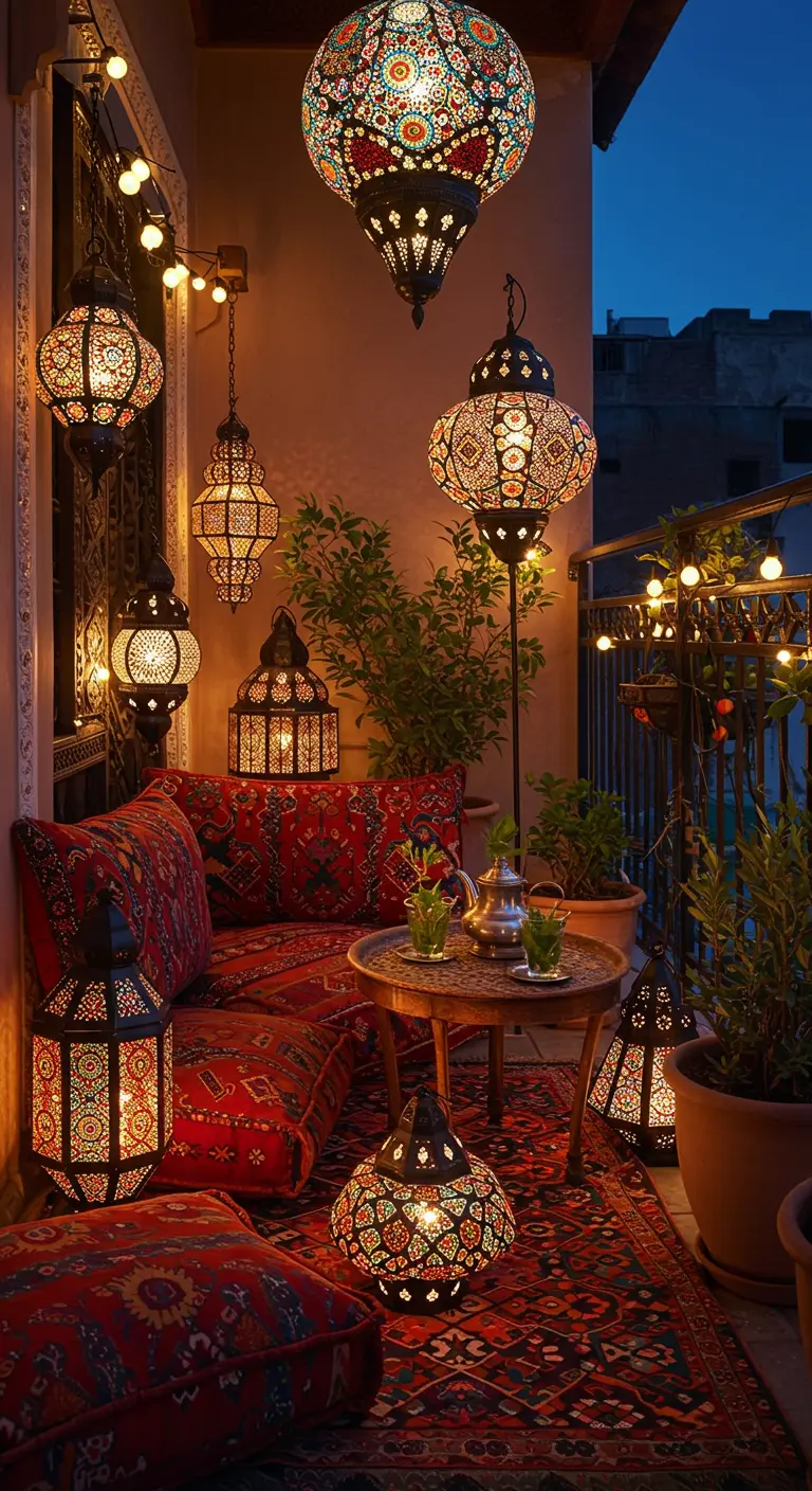 Balcon oriental avec de nombreuses lanternes marocaines suspendues et posées, canapé bas et coussins rouges.