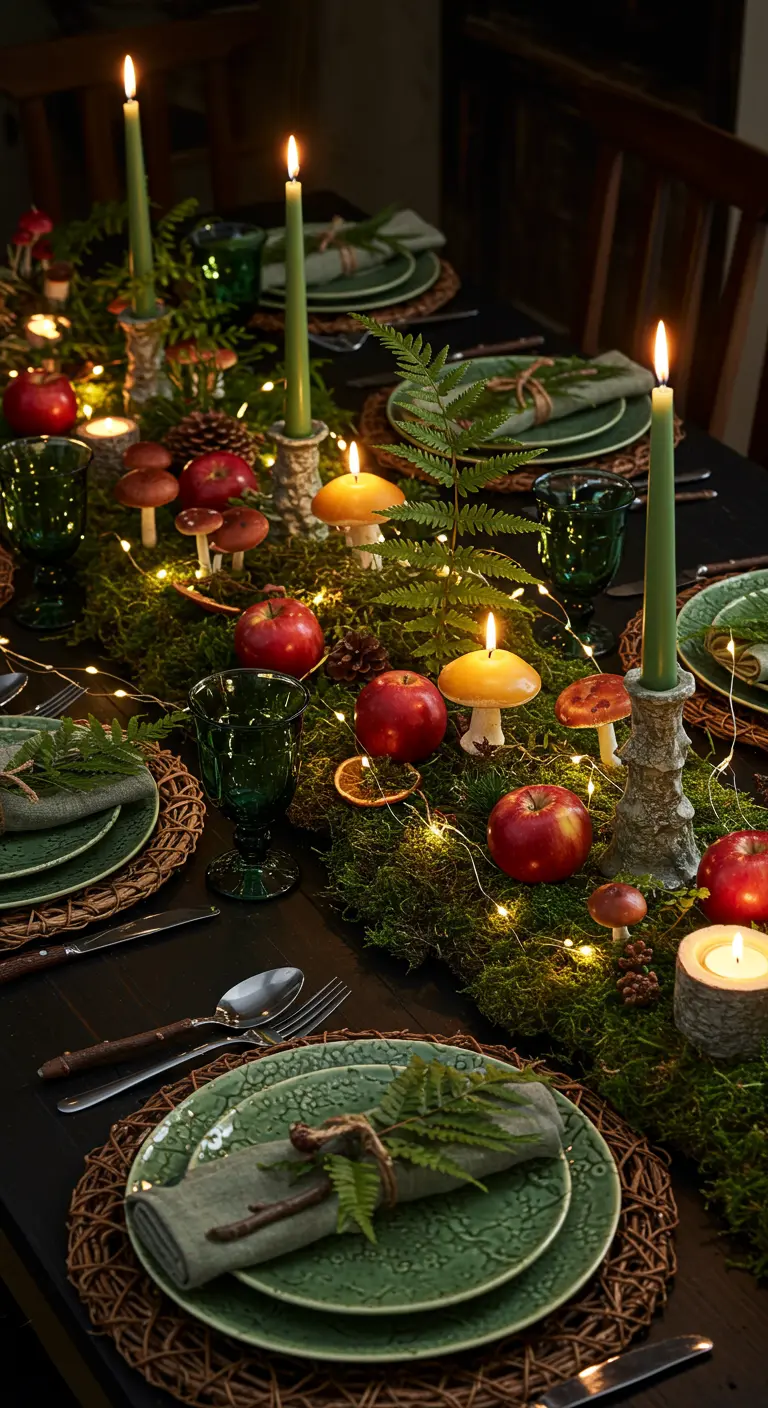 Chemin de table en mousse avec guirlande lumineuse, bougies en forme de champignons, pommes rouges et fougères.