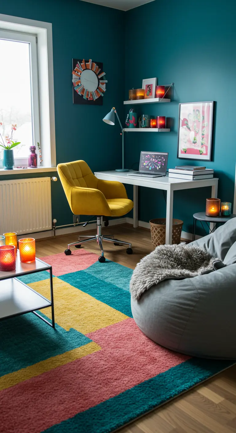 Bureau aux murs bleu pétrole, chaise jaune, tapis géométrique coloré et pouf gris.