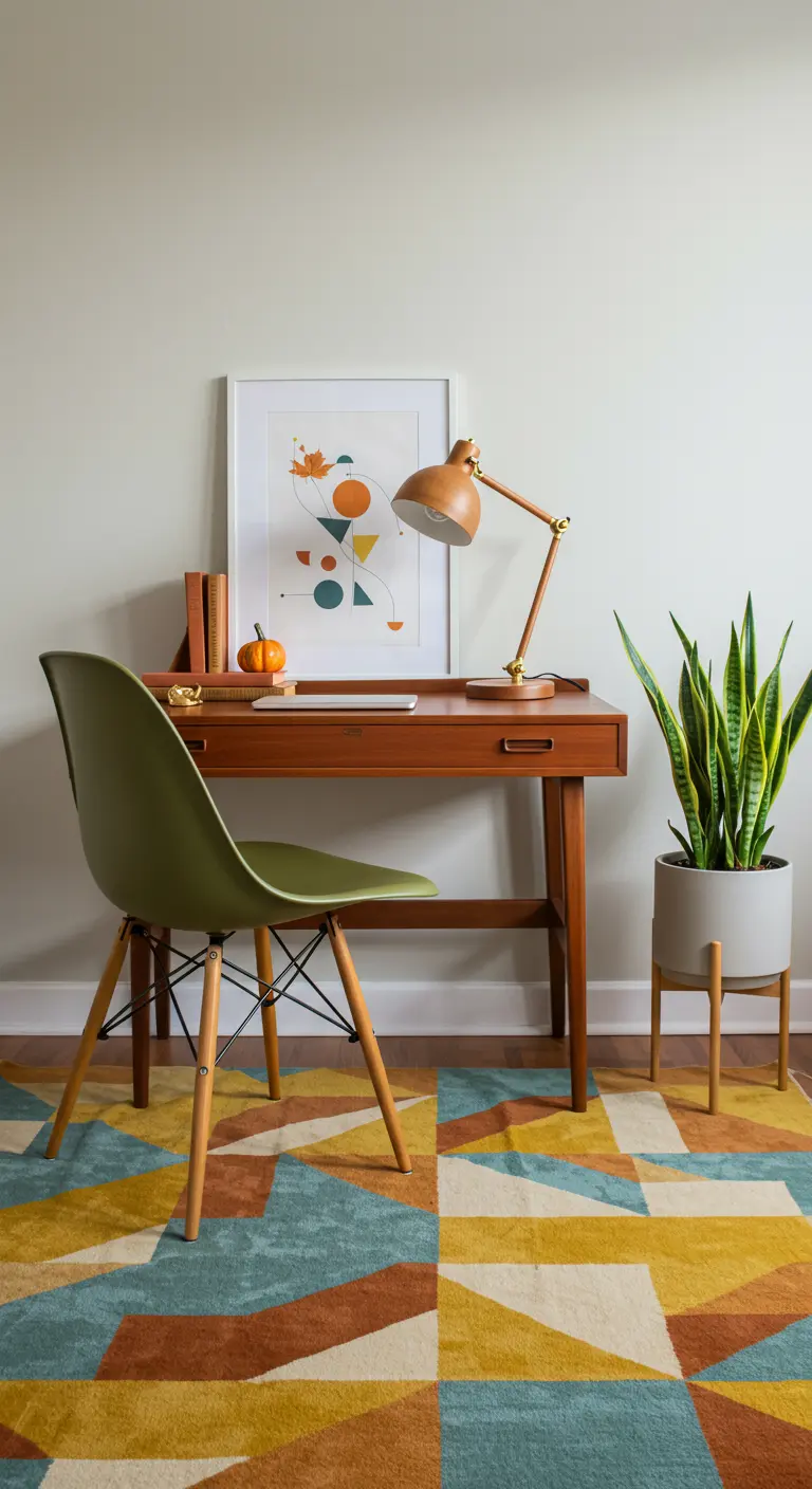 Bureau de style mid-century avec une chaise verte et un tapis à motifs géométriques colorés.