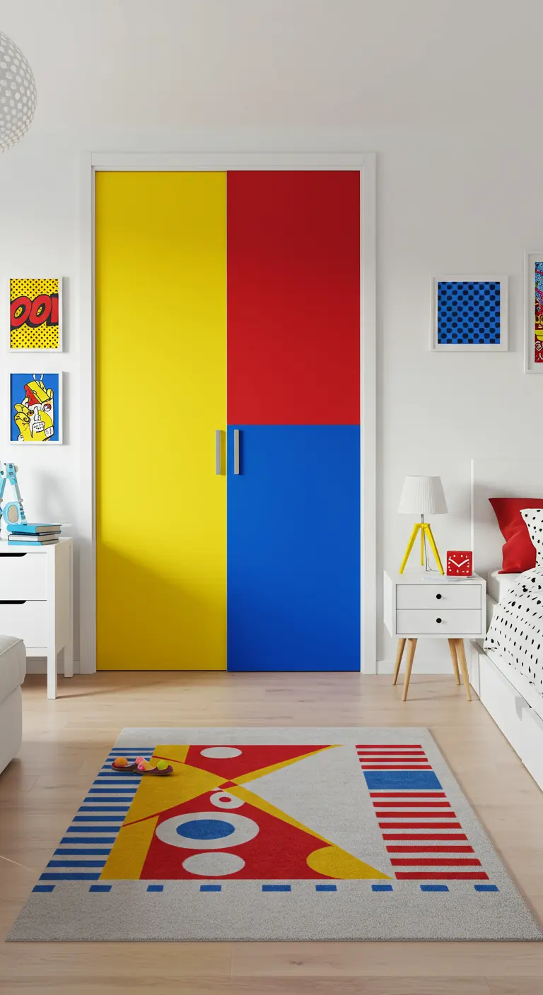 Porte de placard coulissante peinte en blocs de couleurs primaires : jaune, rouge et bleu.