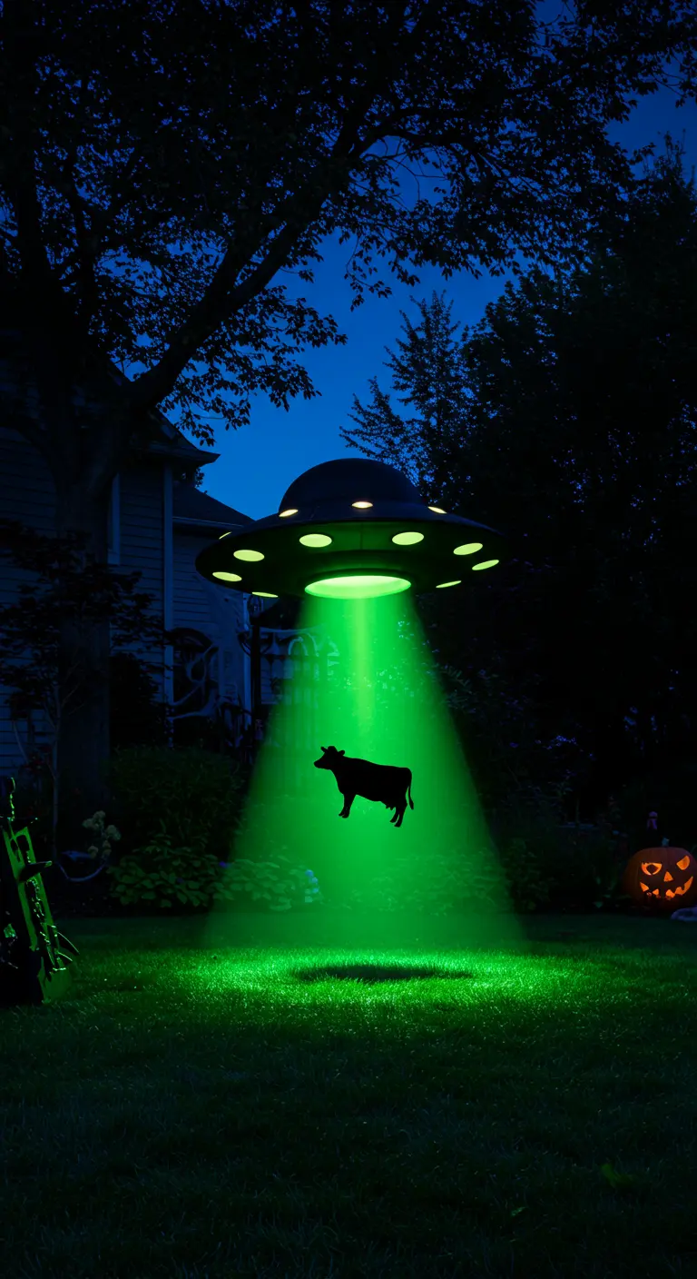 Soucoupe volante avec un rayon vert enlevant la silhouette d'une vache dans un jardin.